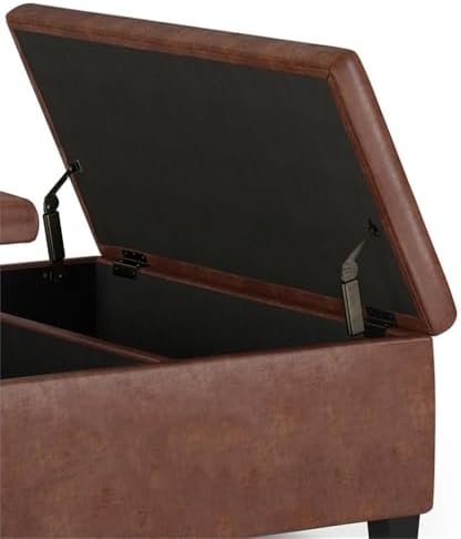 SIMPLIHOME Ellis 36" Wide Vegan Leather Storage Ottoman in Saddle Brown