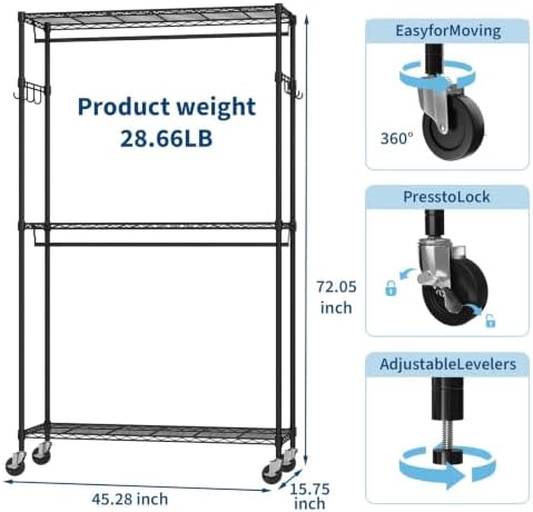 Garvee Rolling Garment Clothes Rack with Wheels, 3-Tier Shelves & Hooks
