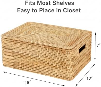 Rattan Storage Basket with Lid – 18×12×7 inch for Home