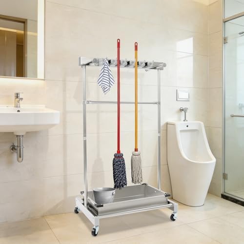 Rolling Mop Holder with Tray, 5 Mops & 12 Hooks, Grab Bar & Crossbar,...
