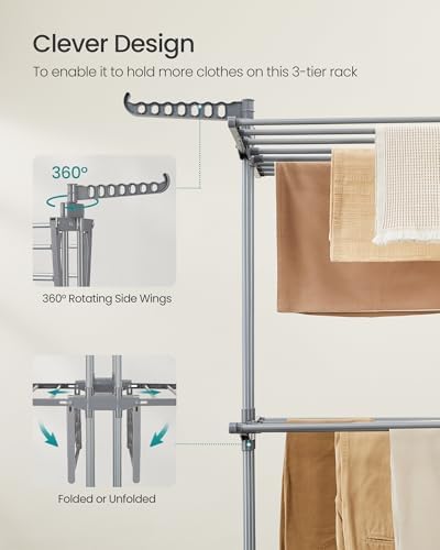 SONGMICS 3-Tier Clothes Drying Rack, Foldable, Rolling, 58.3-Inch Tall