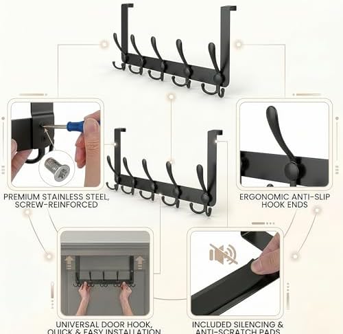 Over The Door Hooks,Coat Rack for Hanging Clothes Hat Towel (Heavy Duty Black...