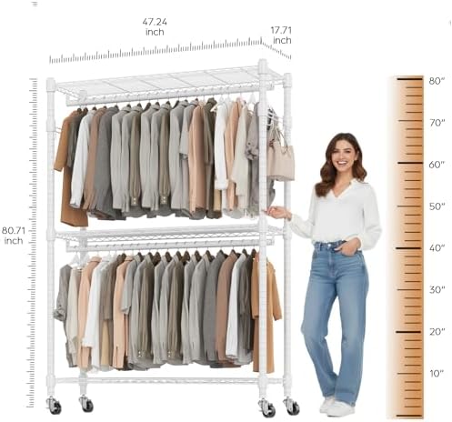 BATHWA Clothes Racks for Hanging Clothes, 25 mm tube Heavy Duty 47.3" W ...