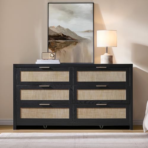SICOTAS Rattan Dresser for Bedroom, 57" Wide 6 Drawer Dresser