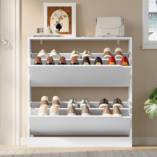 BORNOON Shoe Cabinet with 2 Flip Drawers, Slim Narrow Shoe Storage Cabinet, F...
