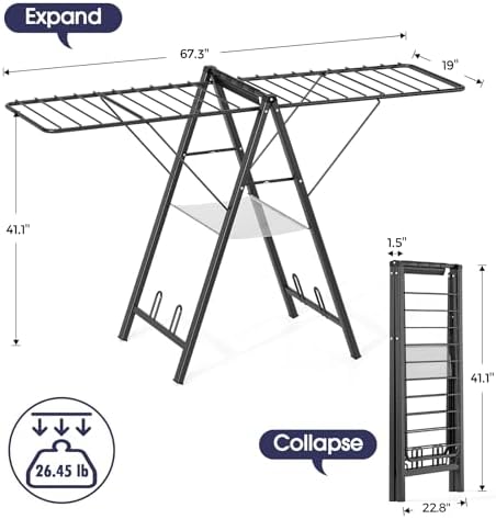 APEXCHASER Clothes Drying Rack, 67.3" L Height Adjustable, Foldable, Black