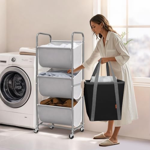 STORAGE MANIAC 120 Liters Vertical Rolling Laundry Hamper, 3 Section Laundry ...