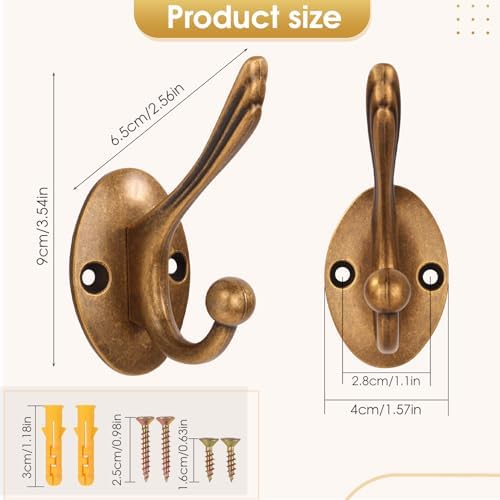 Antique Brass Heavy Duty Wall Hooks – 6 Pack Rustic Coat Hooks for Hanging Co...