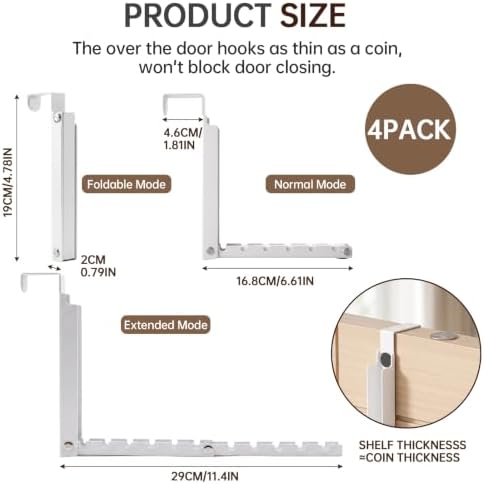 Over Door Hanger - 4Pcs Foldable Over The Door Hooks with 10 Ridges, Double F...