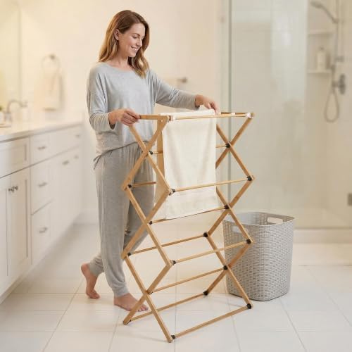 FJO Foldable Bamboo Clothes Drying Rack, 3-Tier Collapsible Laundry Clothes H...