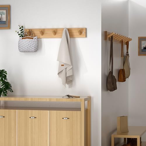 SKOLOO Coat Rack Wall Mount 17 inch, 5 Hooks, Bamboo, Shaker Style, Natural