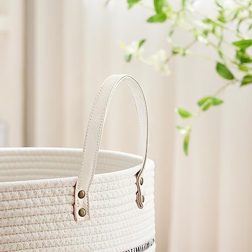 VIPOSCO 53L Tall Woven Rope Laundry Hamper, Leather Handles, Stripe White