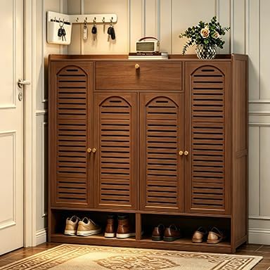 8 Tier Bamboo Shoe Cabinet - Shoe Storage Cabinet with Doors, 40-42 Pairs Bamboo Shoe Storage Rack, Entrance Shoe Cabinet for Hallway Living Room Entryway (Walnut)