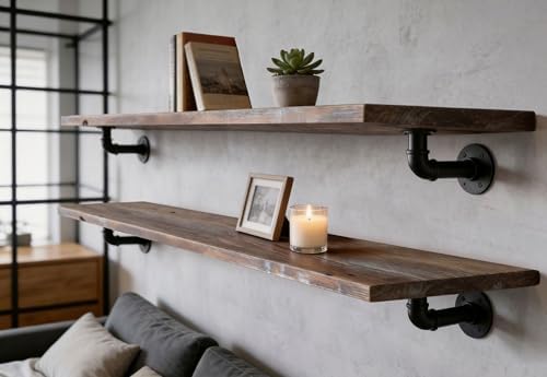 IEO Industrial Pipe Shelving 72 Inch, 2-Tier Brown Wall Mounted Shelves