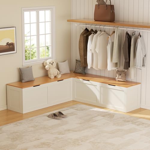 L Shaped Bench with Storage, 63" Breakfast Nook Benches, Wood Kitchen Co...