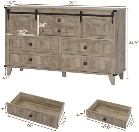 Hasuit Farmhouse 6 Drawer Dresser for Bedroom, Retro Chest of Drawers with Sl...