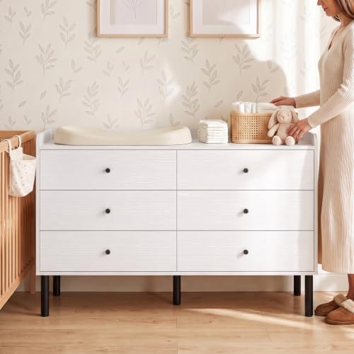 LYNSOM White Dresser for Bedroom, 6 Drawer Dresser with Wide Drawer and Metal...