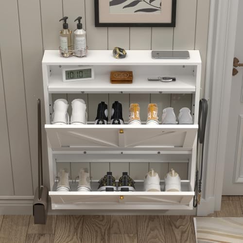 Metal Hidden Shoe Rack, 2 Flip Floating Shoe Storage Wall Mounted, Ultra Slim...