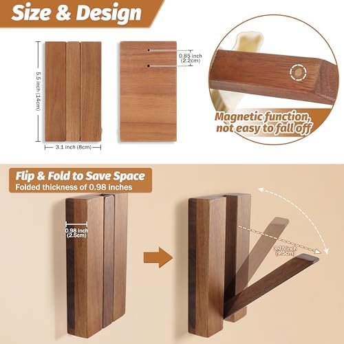 Wood Wall Hooks for Bathroom: 4Pack Foldable Rustic Decor Hangers