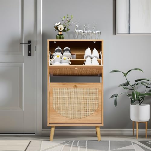 Karl home Natural Rattan Shoe Cabinet, 2 Flip Drawer Entryway Organizer