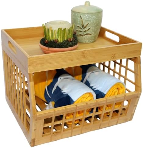 Bamboo Stackable, Open Front, Medium Storage Bins with Serving Tray Lid