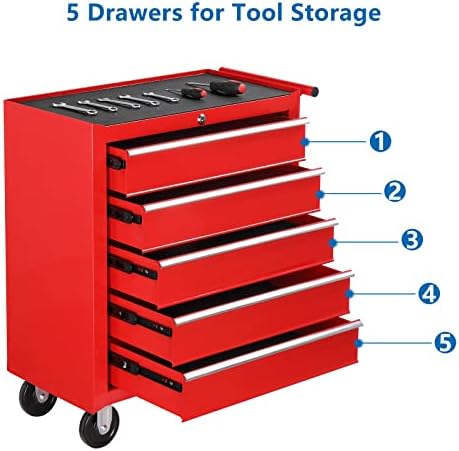 TUFFIOM 5-Drawer Rolling Tool Chest w/Drawers & Lock, Tool Storage Cabine...