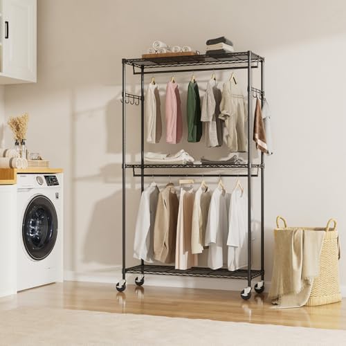 Garvee Rolling Garment Clothes Rack with Wheels, 3-Tier Shelves & Hooks