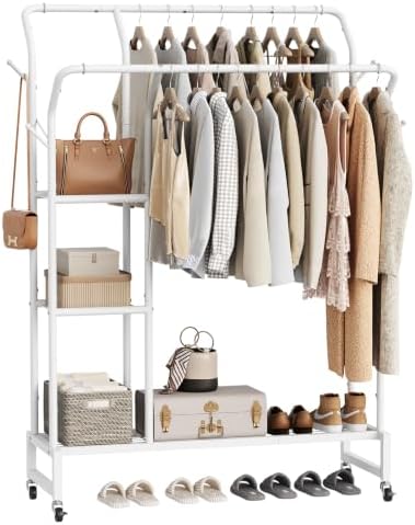 Yoobure Double Rods Clothes Rack - Portable Clothing Rack with Wheels, Rollin...