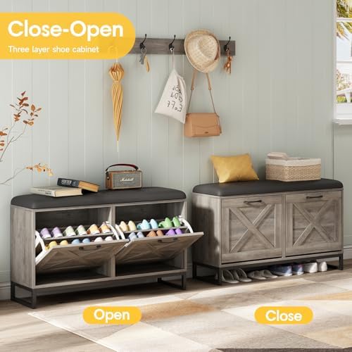 Maupvit Shoe Cabinet with 2 Flip Drawers & Coat Rack, Shoe Storage Bench ...