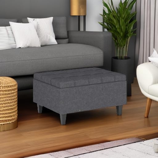 SIMPLIHOME Harrison 34" Wide Linen Look Rectangle Ottoman in Slate Grey