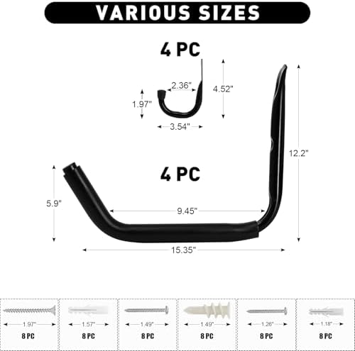 KURUI 15" Heavy Duty Garage Storage Hooks, 8 Pack Wall Mount Kayak Rack