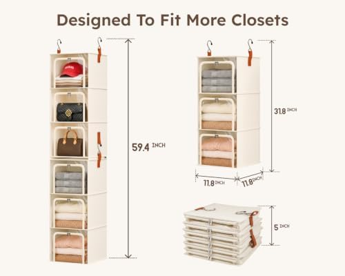 Homsorout 6-Tier Modular Hanging Closet Organizer Shelves, Beige