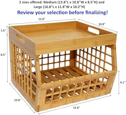 Bamboo Stackable, Open Front, Medium Storage Bins with Serving Tray Lid