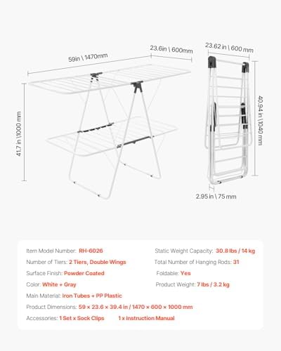 VEVOR Clothes Drying Rack, 2-Tier Foldable Laundry Dryer Rack with Sock Clips...