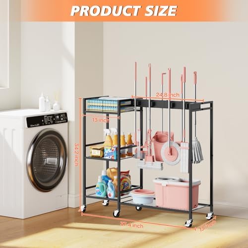 Broom and Mop Holder, MUNNAR Broom Closet Storage Cabinet with Cleaning Suppl...