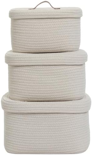 Cottonphant Set of 3 Nesting Woven Storage Baskets with Lids, Cotton Rope Dec...