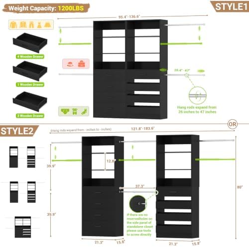 Aheaplus Closet System, 6-15Ft Custom Wood Closet Organizer with 8 Drawers
