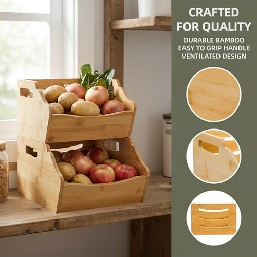 Cididu 2 Pack Bamboo Stackable Storage Bin, Countertop Open Front Stacking Bi...