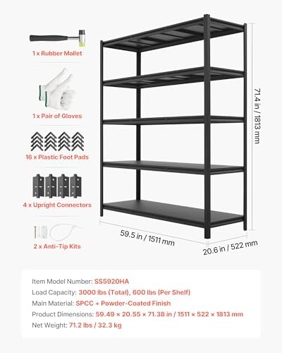 VEVOR Garage Shelving, 5-Tier Adjustable Storage Shelves, 3000 lbs Heavy Duty...