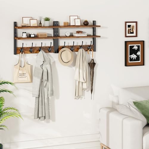 Double Shelf Coat Rack Wall Mount with 8 Hooks, Rustic Brown HWS009H-2