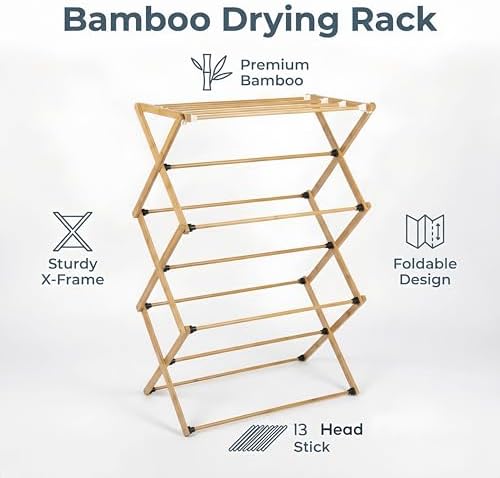FJO Foldable Bamboo Clothes Drying Rack, 3-Tier Collapsible Laundry Clothes H...