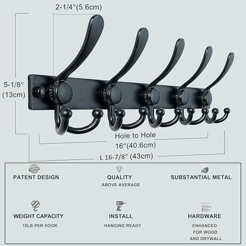 Dseap Coat Rack Wall Mount, Heavy Duty 12-Gauge Base vs Flimsy 1mm, Double-Th...