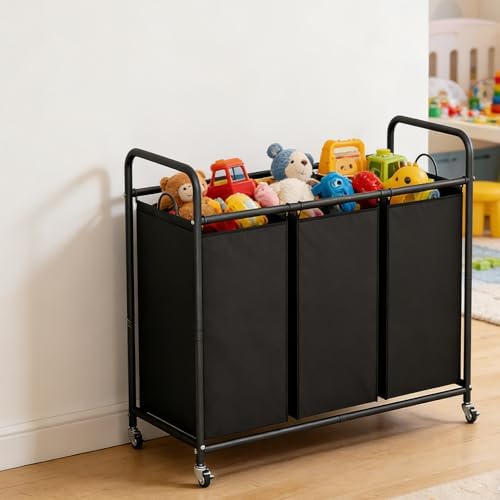 LINZINAR 3 Section Laundry Hamper Sorter, Black Laundry Basket with Wheels