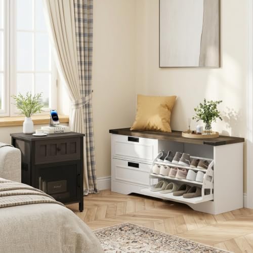 FATORRI Shoe Storage Bench with Flip Drawer, Wooden Entryway Bench, Modern Sh...