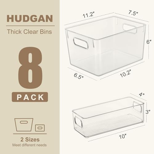 Hudgan 8 Clear Plastic Storage Bins for Pantry Organizer, Kitchen Cabinet