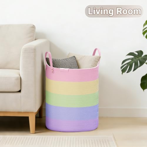 VIPOSCO 72L Tall Woven Rope Laundry Hamper, Leather Handles, Rainbow