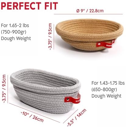 KneadAce Cotton Rope Banneton Bread Proofing Basket Set, Oval & Round Bre...