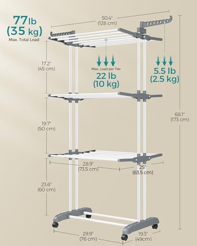 SONGMICS 4-Tier Clothes Drying Rack, Foldable, Rolling, 66.6-Inch Tall