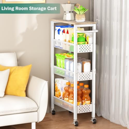 Vivihomety 4-Tier Slim Utility Rolling Laundry Cart with Wheels, Metal