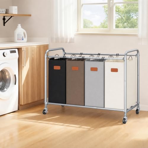 STORAGE MANIAC Laundry Sorter 4 Section, 47.5 Gal Laundry Cart with Wheels